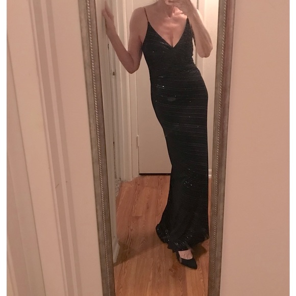 BLACK FORMAL EVENING MAXI DRESS City Triangles body con sparkly spaghett… - Picture 3 of 8